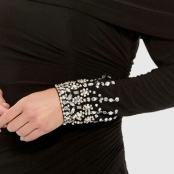 Mac Duggal Black Foldover Long Sleeve Jeweled Midi Dress SIZE 6 NWT Retail $258 - Picture 6 of 14